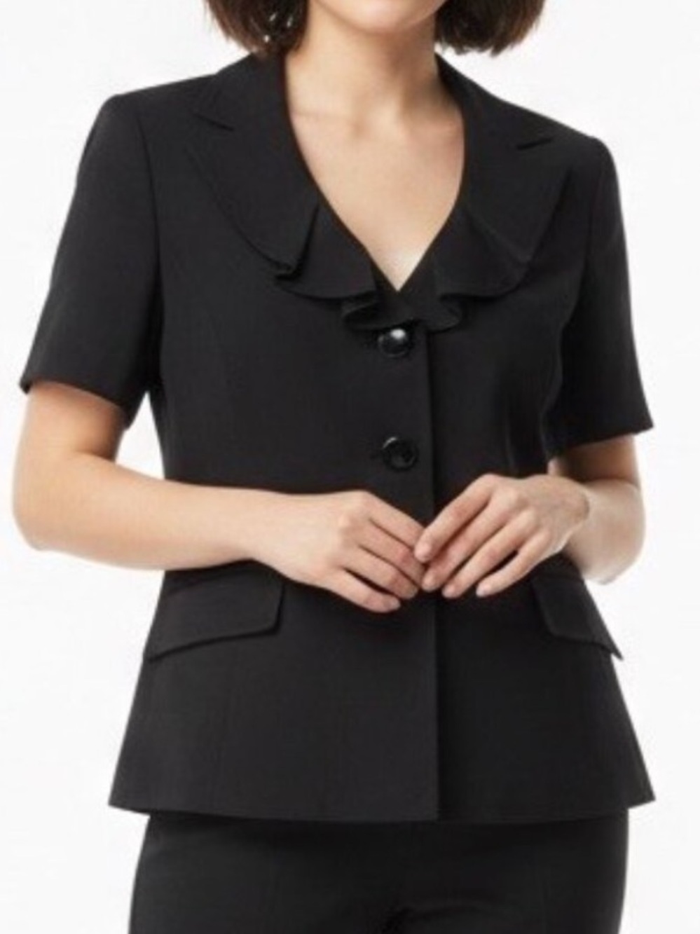 NWOT Kasper Black Blazer Petite Size 12 Ruffle Neck short sleeve $119